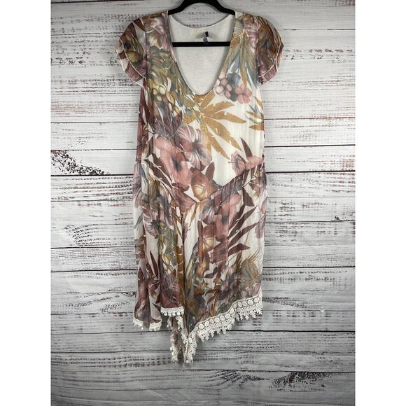 lola Dresses & Skirts - Lola Dress Women's Large Pink Floral Silk Asymmetrical Boho Lace Hem Made Italy